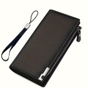 Resim Şık Siyah PU Deri Erkek Cüzdanı - Fermuarlı Kapatma, Renk Bloklu Tasarım, Çoklu Kart Yuvaları ve Polyester Astarlı Geniş Kapasiteli Clutch 