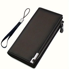 Resim Şık Siyah PU Deri Erkek Cüzdanı - Fermuarlı Kapatma, Renk Bloklu Tasarım, Çoklu Kart Yuvaları ve Polyester Astarlı Geniş Kapasiteli Clutch 
