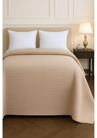 Resim Renkli Gofret Desen Çift Kişilik Yatak Örtüsü Otel Pike 200x230cm Bej 