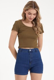 Resim Asfa Moda Kadın Bisiklet Yaka Fitilli Crop Bluz 