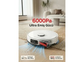 Resim Roborock 6000 Pa Ultra Güçlü Emiş ve Çift Kauçuk Fırçalı Akıllı Robot Süpürge Vibrarise Titreşimli Paspas Halı Tanıma ve 3D Engel Sakınma Teknolojili Beyaz 