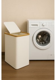 Resim Vichy Doğal Bambu Çerçeveli Katlanabilir Kirli Sepeti Kapaklı Krem Kumaş Çamaşır Sepeti Bej Br-6707 Siyah 