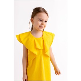Resim Oliventhekid Volanlı Poplin Kolsuz Ensesi Düğmeli Kız Çocuk Elbise Sarı Sarı 