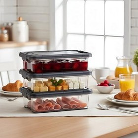 Resim Hobby Life Elite 3’lü Kompakt Saklama Seti (3 x 0.80 L) – Kilitli Kapaklı, Şeffaf Antrasit Kahvaltılık ve Atıştırmalık Kutusu 