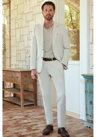 Resim İmza Kendinden Desenli Mono Yaka 6 Drop Slim Fit Takım Elbise 1001260162 Bej 