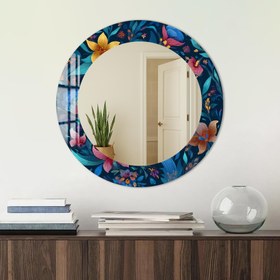 Resim Gece Çiçekleri Cam Tablo Yuvarlak Ayna - Gold / 80 cm 
