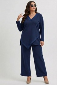 Resim Kadın Büyük Beden Truvakar Kol Asimetrik Kesim Taş Baskı Detaylı Eşofman Takımı 8247-26 - 4XL / Lacivert 