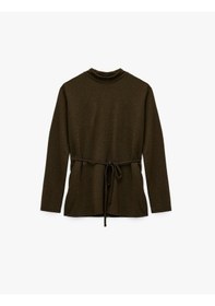 Resim Koton Slim Fit Uzun Kollu Hafif Dik Yaka Kemerli Tişört Haki 6wak50357ek Haki 