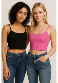 Resim Kadın 2'li Paket Pembe Siyah Kısa Crop İp Askılı Krop Bluz Büstiyer Çok Renkli 