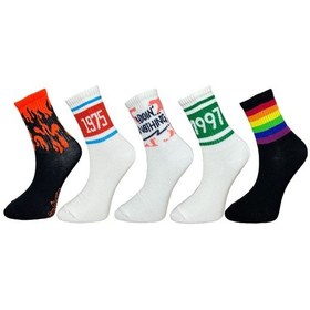 Resim Me-vo 5'li Unısex Alev, Retro Spor, Gökkuşağı Tasarımlı Esnek Nem Alabilen Pamuklu Spor Soket Çoraplar Çok Renkli 