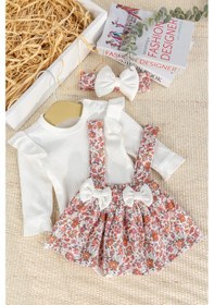 Resim Fiyonklu Bandanalı 100% Pamuk Şık Kız Bebek Jile Etek Elbise Krem 