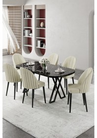 Resim Canisa Kaye Serisi Mdf 90x168 Siyah Mermer Desen Mutfak Masası Takımı 6 Krem Sandalye Siyah Mermer Desen Masa Krem Sandalye 