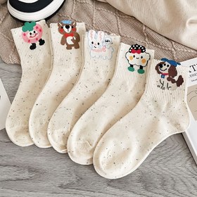Resim 5'li Paket Kadınlar için Şık Hayvan Desenli Orta Boy Çorap - Yumuşak ve Sıcak Kışlık Taytlar, Karikatür Geyik, Tavşan, Ayı & Koyun Tasarımlı, Benekli Desenler, Günlük ve Resmi Giyim Aksesuarları, Rahat Dokulu 