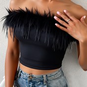 Resim Kadınların Şık Omuzlu Siyah Crop Top Detaylı - Esnek Polyester Karışımı, Ham Kenar, Bahar/Yaz/Sonbahar İçin Mükemmel, Günlük Giyim | Detaylı Üst | Esnek Kumaş 