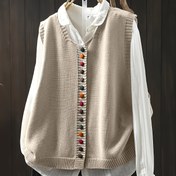 Resim Retro Şık Renkli Düğmeli V Yaka Yelek, Bol Kolsuz Hırka, Sonbahar ve Kış İçin Çok Yönlü Katmanlı Dış Giyim Kazak, Kadın YT 