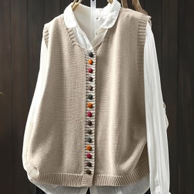 Resim Retro Şık Renkli Düğmeli V Yaka Yelek, Bol Kolsuz Hırka, Sonbahar ve Kış İçin Çok Yönlü Katmanlı Dış Giyim Kazak, Kadın YT 