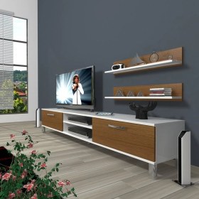 Resim Decoraktiv Eko 4 Mdf Dvd Krom Ayaklı Tv Ünitesi Tv Sehpası Beyaz Ceviz 