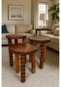 Resim Fındık Renk Ahşap Sehpa Seti 3 Lü Doğal Fiskos Ve Zigon Bej 