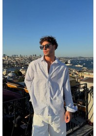 Resim Flaw Atelıer Yatay Çizgili Oversize Gömlek Lacivert-26478 Lacivert 