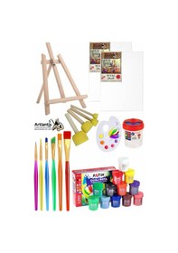 Resim Mini Şövale 25x35 2 Li Tuval Fatih 12 Renk Guaj Boya Başlangıç Seti Fırça Palet Ponpon Temizleme Kabı Masaüstü Sanatsal 