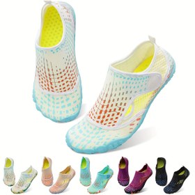 Resim Kadınlar için Hızlı Kuruyan Aqua Çorap Su Ayakkabısı - Plaj, Havuz, Yürüyüş, Kano, Sörf ve Yüzme İçin Hafif Nefes Alabilir Barefoot Tasarım, Stabilite Destekli, Açık Maviden Sarıya Geçiş Renk (Açık Mavi'den Sarı'ya), Canlı Gradyan Tarzı, Ayarlanabilir Kayış Deseni 