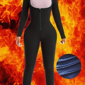 Resim Kadınlar için Tam Vücut Terleme Sauna Tulumu - Siyah Uzun Kollu, Fermuarlı Fitness & Koşu Bodysuit, Başparmak Delikleri, Esnek Polyester & Elastan Karışımı, Makinede Yıkanabilir - Antrenman Yoğunluğunu Artırır 