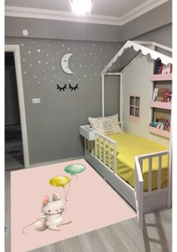 Resim Dijital Baskılı Pembe Tavşan Desenli Dekoratif Yıkanabilir Kaymaz Taban Çocuk Halısı Çok Renkli 