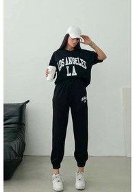 Resim Los Angeles T-shirt Eşofman Altı Jogger- Siyah Baskılı Alt Üst Eşofman Takım Oversize Bisiklet Yaka Siyah-32470 