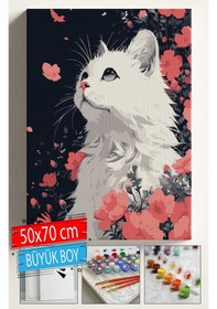 Resim Sayılarla Boyama Seti Numaralı Tuval Fırça Boya Dahil Kasnaklı Set 50x70 Cm - Beyaz Kedi 