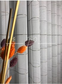 Resim Tül Perde Square Desen Kareli Çizgili Etek Kurşunlu Düz Tül Ekru 