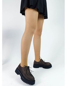 Resim Kahve Renk Süet Deri Bağcıklı Kalın Taban Kadın Loafer Ayakkabı Kahve 