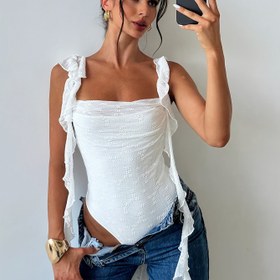 Resim Kadınların Şık Fırfır ve Çiçekli File Tül Bodysi Ayarlanabilir Kuşaklarla - Omuzdan Askılı/Yalnızca Bir Omuzlu Yarı Saydam Tasarım, Makinede Yıkanabilir, Partiler, Tatiller ve Müzik Festivali için Tüm Sezonlara Uygun 