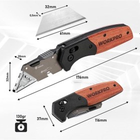 Resim Workpro Wp211035 Ağır Hizmet Çelik/ahşap Gövde Katlanır Rötuş Maket Bıçağı + 11 Adet Yedek Bıçak 