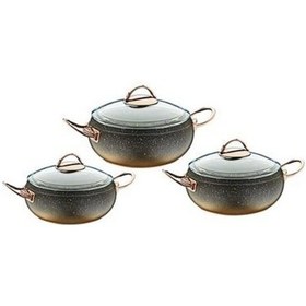 Resim Oms Granit Güveç Set 3lü Granit Mini Tencere Takımı Cam Kapaklı Bakır Renk Siyah 