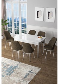 Resim Canisa Zen Serisi 80x132 Mdf Açılabilir Beyaz Masa Takımı Ve 6 Kahverengi Sandalye Masa Beyaz Sandalyeler Kahverengi 