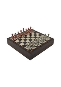 Resim Gifthome Orta Boy Antik Metal Klasik Satranç Takımı Ve Ceviz Desenli Sandıklı Mdf Tahtası 30x30x6 Cm. 