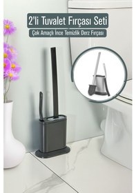 Resim İndecor Houseware 2'li Tuvalet Fırçası Seti Ve Çok Amaçlı İnce Temizlik Fırçası Derz Banyo Detay Temizleme Fırçası Siyah 