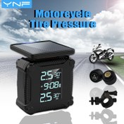 Resim YNF motosiklet lastik basıncı monitörü, kablosuz güneş enerjisiyle şarj edilebilir siyah teknoloji, IP67 su geçirmez LCD net ekran, otomatik alarm tespit sistemi, sürüş güvenliği için yeni bir garanti. 
