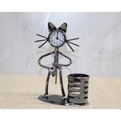 Resim Metal Saksafon Çalan Müzisyen Kedi Saat Ve Kalemlik 
