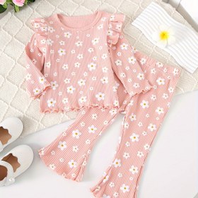 Resim Kızlar İçin Fransız Tarzı Şirin Çiçek Desenli Fırfır Kollu Yuvarlak Yaka Uzun Kollu + Bol Paça Pantolon Takımı, Dış Mekan İçin Mükemmel 