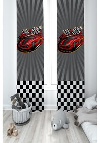 Resim Mekta Home Bebek Ve Çocuk Odası Kırmızı Mcqueen Desenli 2 Kanat Fon Perde 