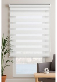 Resim Ekru Beyaz Geniş Plise Eteği Düz Stor Zebra Güneşlik Perde Alüminyum Kasa, Metal Ayak Mat Beyaz 