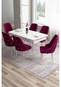 Resim Canisa Tia Serisi Açılabilir Mdf Mutfak Masası Takımı Beyaz Masa Krom Detay 6 Mürdüm Sandalye Masa Beyaz Sandalye Mürdüm 