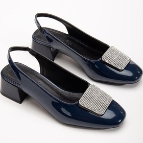 Resim Büyük Numara Kadın Kısa Topuklu Ayakkabı Lacivert Kare Taşlı Açık Topuk-3927 Lacivert 