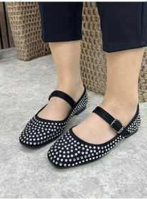 Resim Günlük Kadın Babet Ayarlanabilir Tokalı Tek Bant Kısa Topuk Küt Burun Taşlı Ayakkabı 287 Gümüş Taşlı 