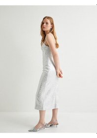 Resim Koton Midi Askılı Abiye Elbise Bridal Kalp Yaka Metalik Varak Baskılı Kırık Beyaz 4sak80134fk Ekru 