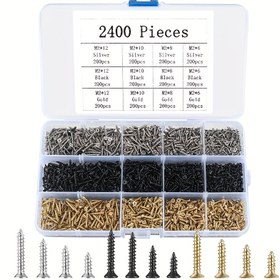 Resim 2400 adet Mikro Kendinden Delen Vidalar M2 Küçük Ahşap Vidalar Phillips Başlı Vidalar Düz Başlı Vidalar Elektronik DIY Marangozluk için Uygun Altın, Siyah, Gümüş, Mikro Kendinden Delen Vidalar Seti, Saklama Kutusu ile 