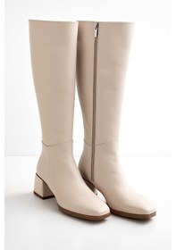 Resim Kadın Topuk Detaylı Yandan Fermuarlı Uzun Çizme Bej 