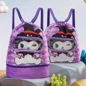 Resim Sanrio Kuromi Hafif Ayarlanabilir Omuz Askılı Plaj Sırt Çantası - Mor Ekose Yüzme Çantası Kuru/İslak Bölmeli ve Ayakkabı Saklama Alanlı Yüzme, Havuz, Seyahat, Partiler İçin 