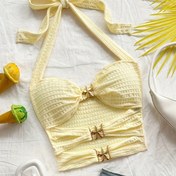 Resim Kadınların Tereyağı Sarısı Askılı Omuz Üstü, Volanlı Detaylı - Rahat Yaz Tatili Tankini, Müzik Festivalleri, Partiler ve Plaj Gezileri için Mükemmel, Plaj Kıyafeti|Volanlı Detaylı Üst|Ayarlanabilir Askılı Üst 
